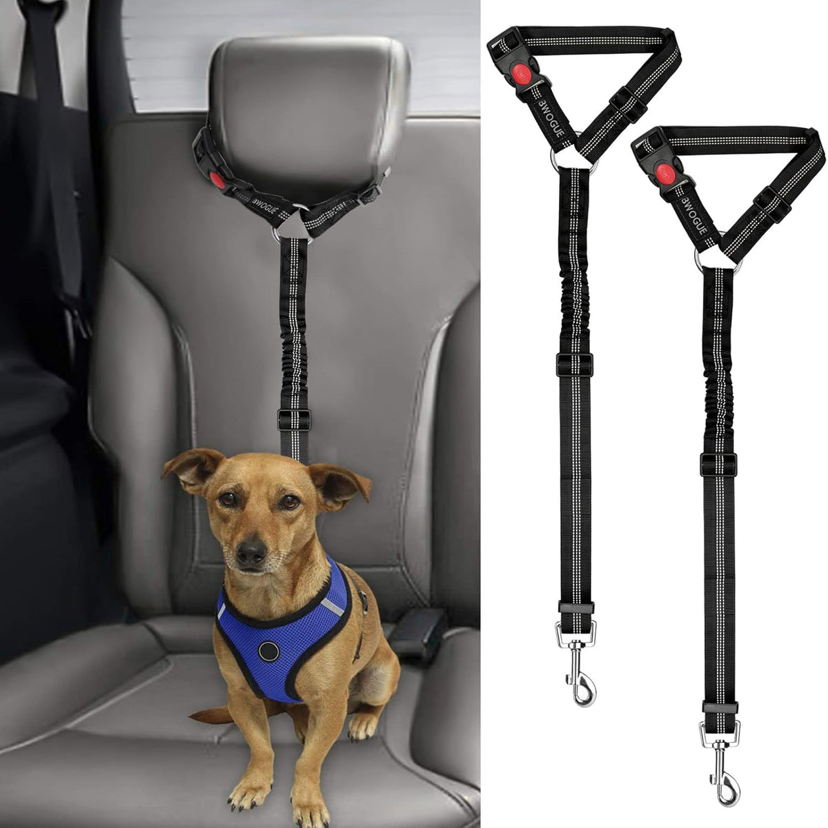 2 Pack Dog Seat Belt for Car, Headrest Restraint Safety Leads – Essentials for Dogs - Black / Elastic