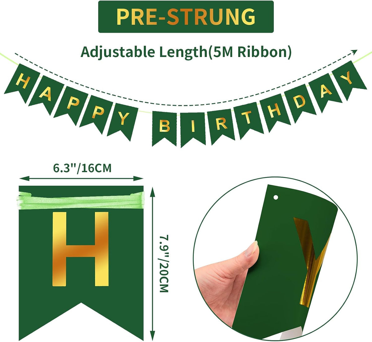Happy Birthday Banner,Pre-Strung Black and Gold Party Decorations，16ft Pre-Strung Hanging Sign - green - image 2