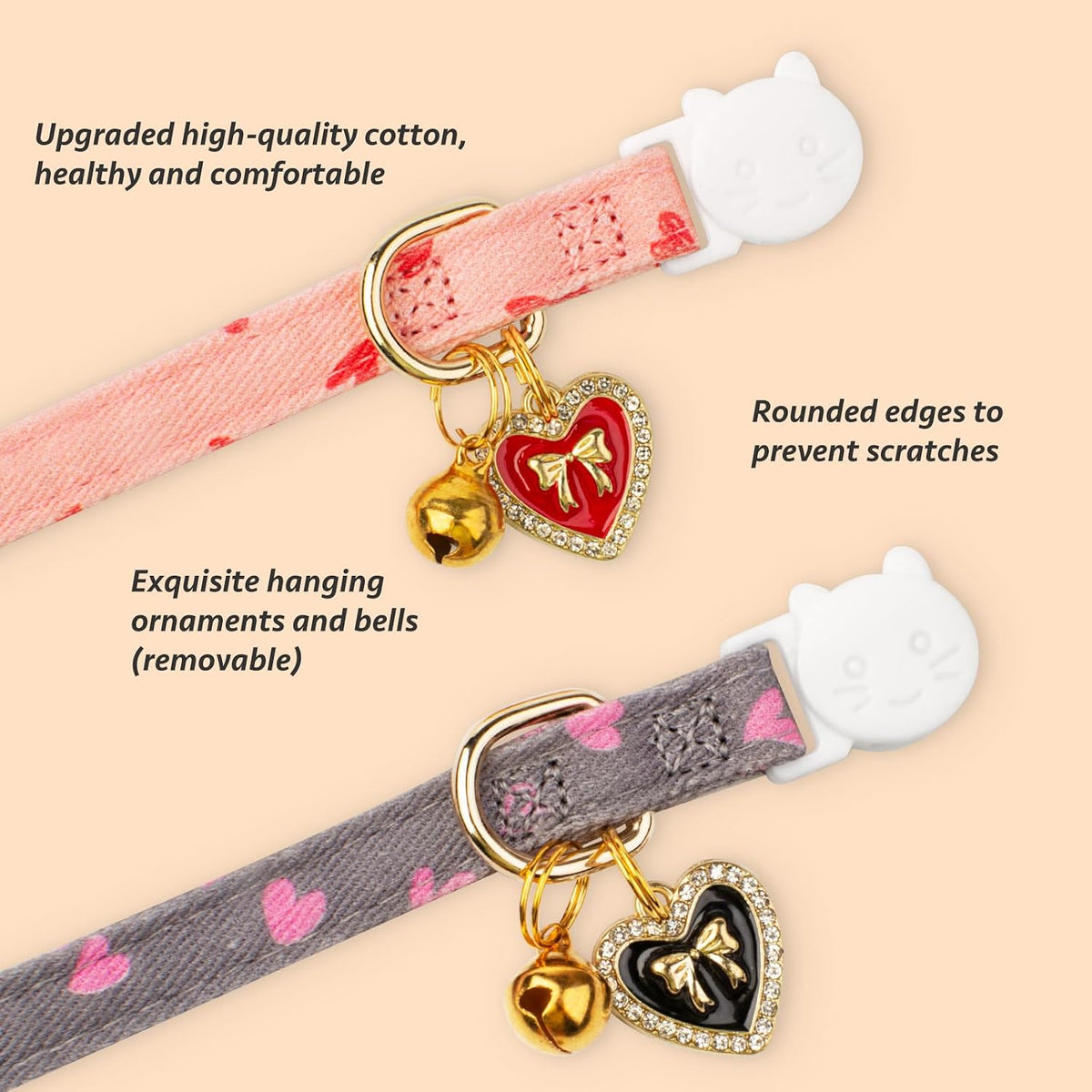 2 Pack Cotton Cat Collar Pink Strawberrie White Heart Cute Kitten - Pink&Gray - image 2