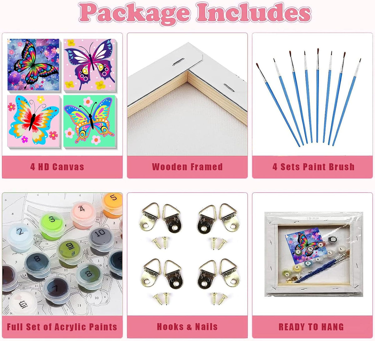 4 Pack Butterfly Paint by Number for kids Wooden Frame - BKH07+BKH08+BKH56+BKH58 - image 4