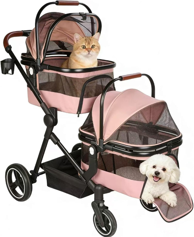 Foldable Double Pet Stroller for 2 Small Medium Cats Dogs – Essentials for Cats - Pink / Double