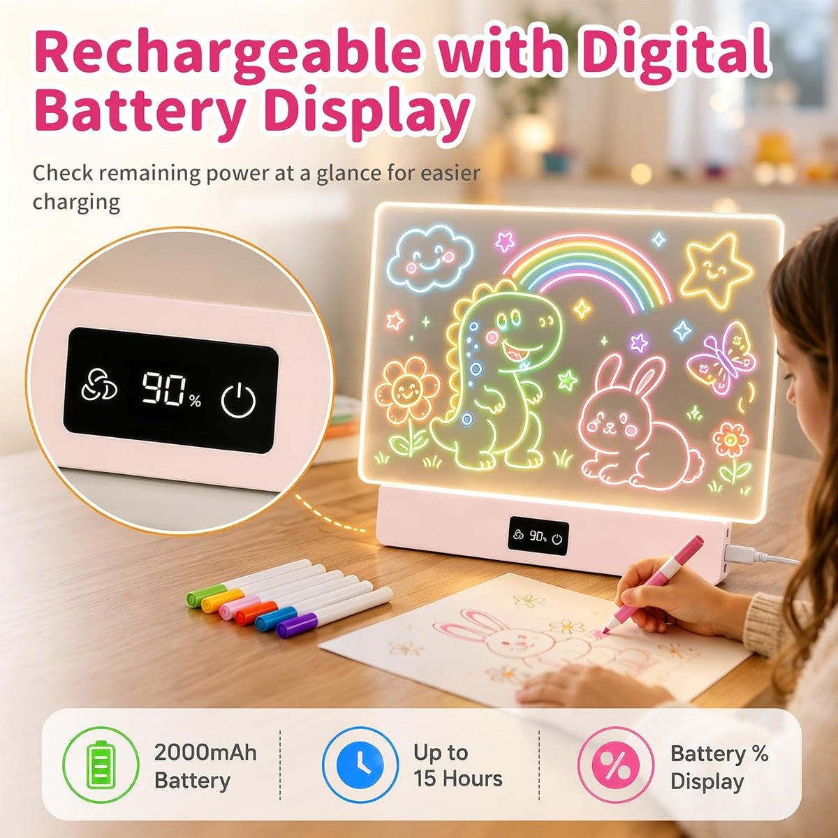 OUTON 16 inch rechargeable LED drawing board for kids in white with glowing doodles - view 8