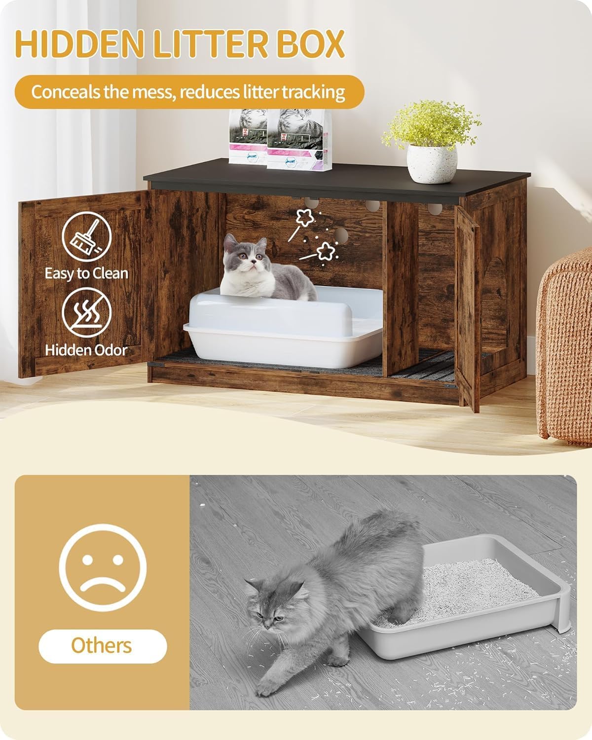 Hzuaneri Cat Litter Box Enclosure - Rustic Brown and Black / 39.4"L x 21.7"W x 23.6"H - image 3