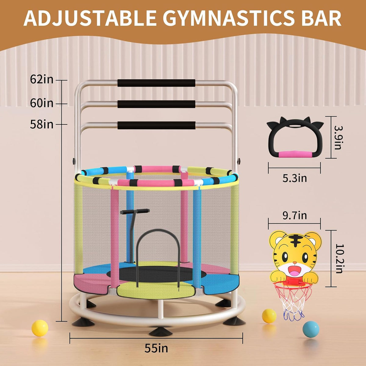 BLINWORLD toddler trampoline with enclosure net, T-handrail and basketball hoop - view 11