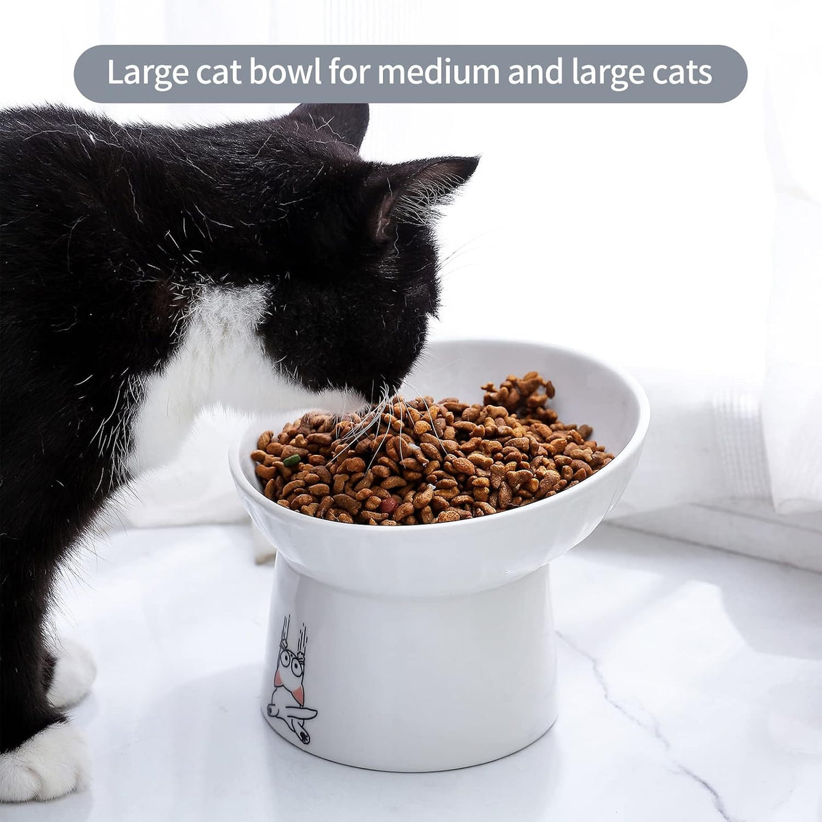 6.5 Inch Extra Wide Ceramic Raised Cat Bowl Set - White & Grey - image 2