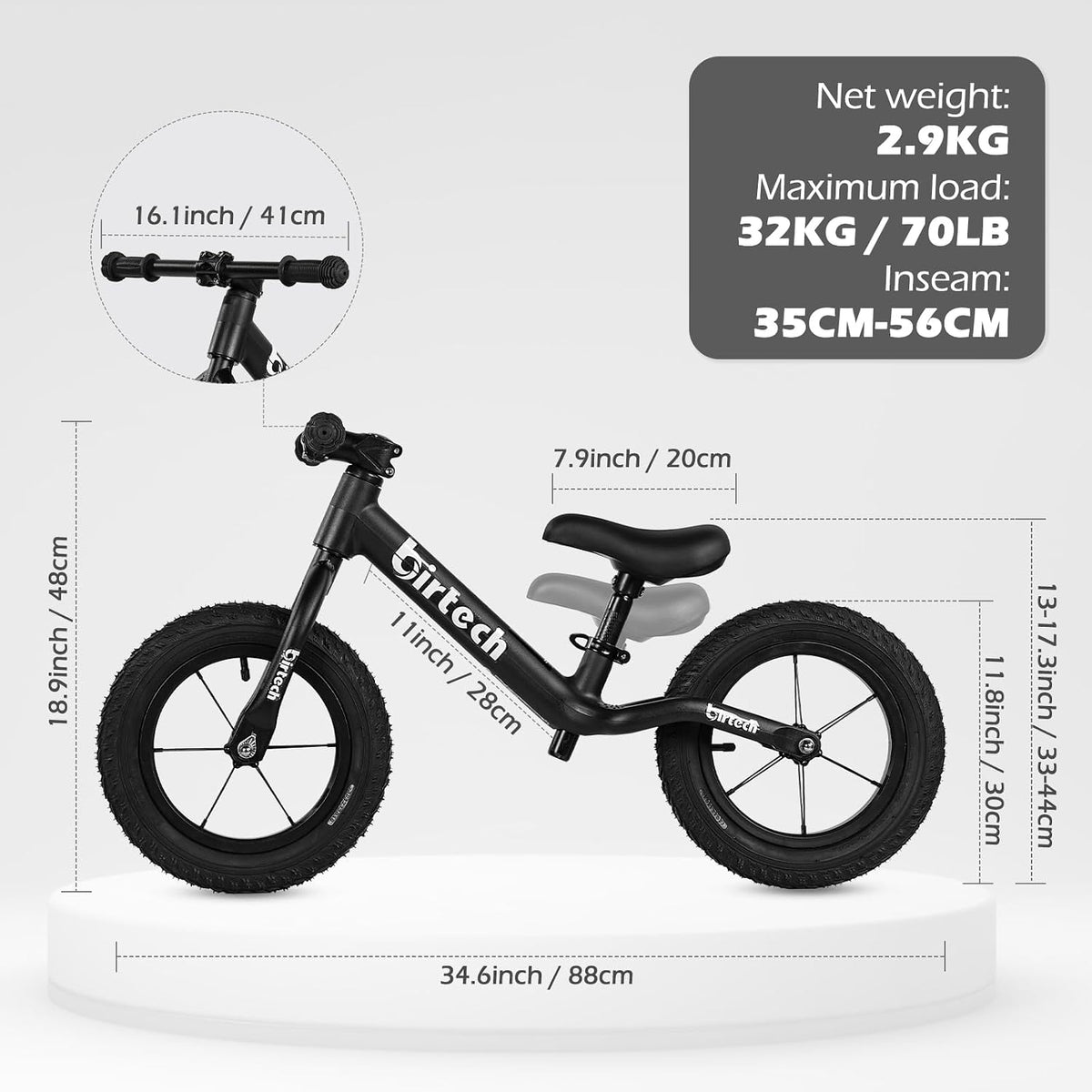 Birtech 12 inch balance bike with air rubber tires, U-shaped footrest and aluminum handlebar - view 8