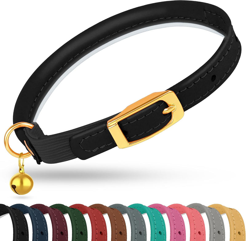 OOPSDOGGY Rolled Leather Cat Collar with Bell - Black