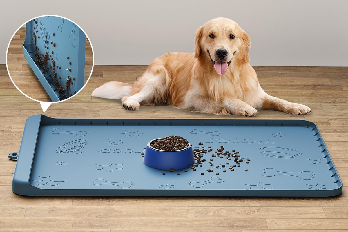Dog Food Mat 36"x24" - Silicone Dog Mat for Food and Water Large Pet Feeding Mats with Residue - Aqua blue / 36"L x 24"W