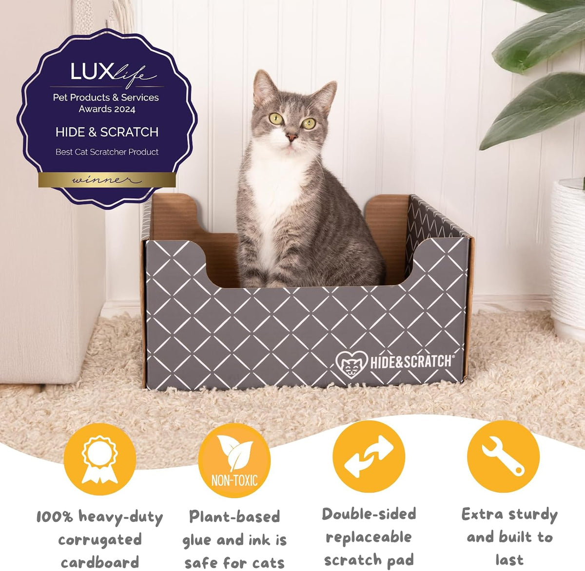 Hide & Scratch Cardboard Cat Scratcher Box & Bed Dark Grey Diamond Pad – Essentials for Cats - Dark Grey - image 2