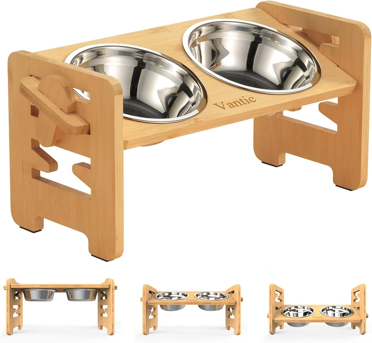 Elevated Dog Bowls, Raised Dog Bowl Stand Adjustable Small - Bamboo / Small / Without Mat