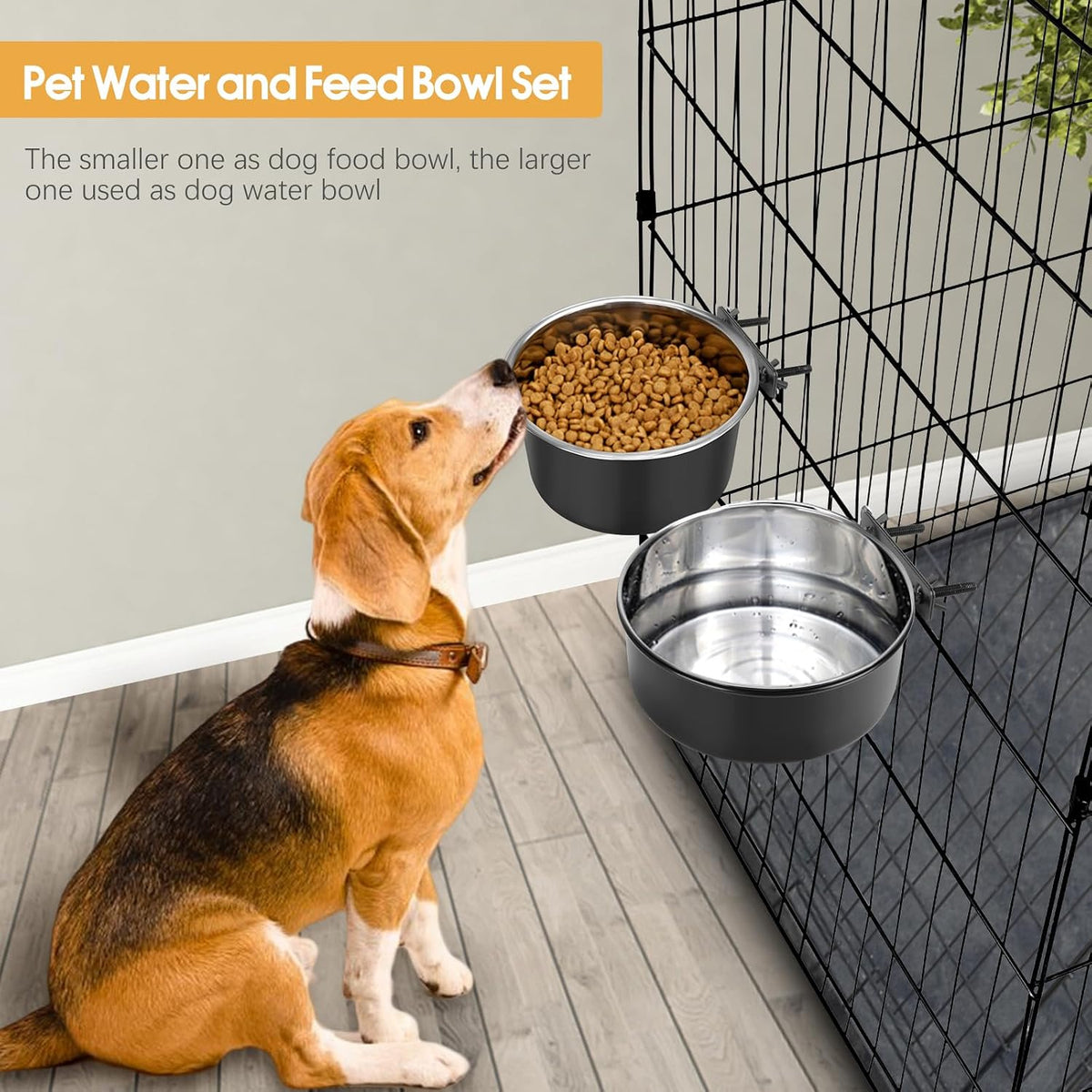 2 Pcs Stainless Steel Small Dog Crate Food Water Bowl - L (82 & 56 OZ) / Black - image 3