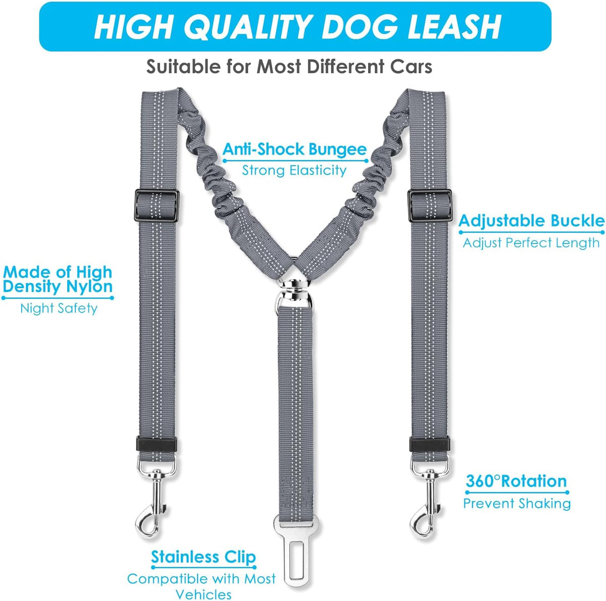 SlowTon Double Dog Seat Belt for Car with Elastic Bungee Buffer - G.Grey / 2 Medium in 1 - image 3