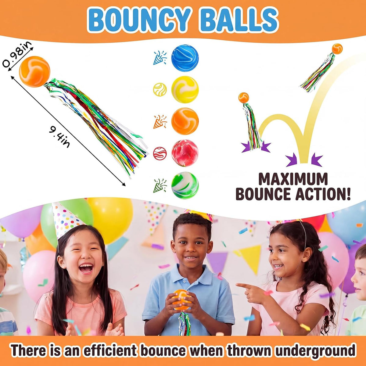 Hungdao 30 rubber bouncy balls with colorful ribbon streamers - view 2