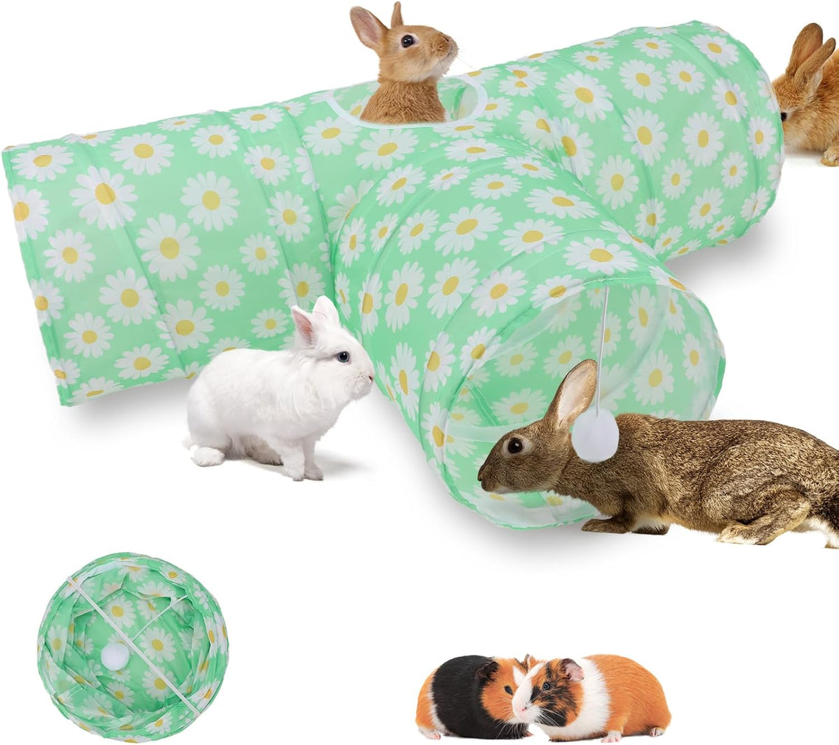 Bunny Tunnels & Tubes, 3-Way Collapsible Rabbit Hideout for Bunnies – Essentials for Small Pets - Greenflower