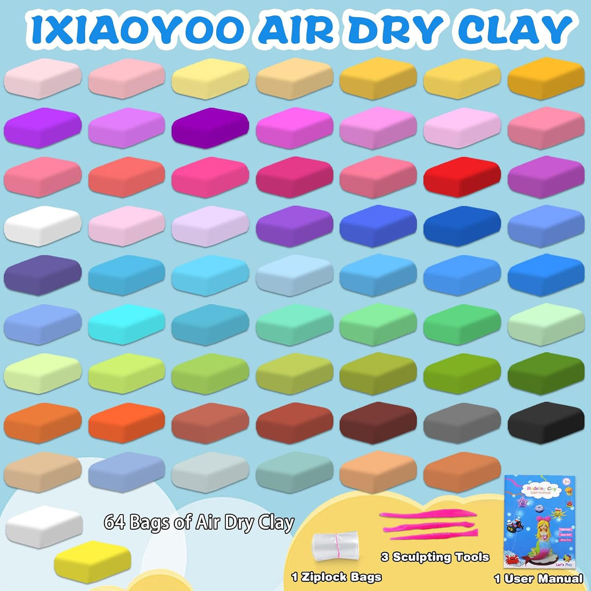 Ixiaoyoo Air Dry Clay, 30 Colors Foam Modeling Clay for School Projects – Fun for Kids & Family - 64 Colors - image 4