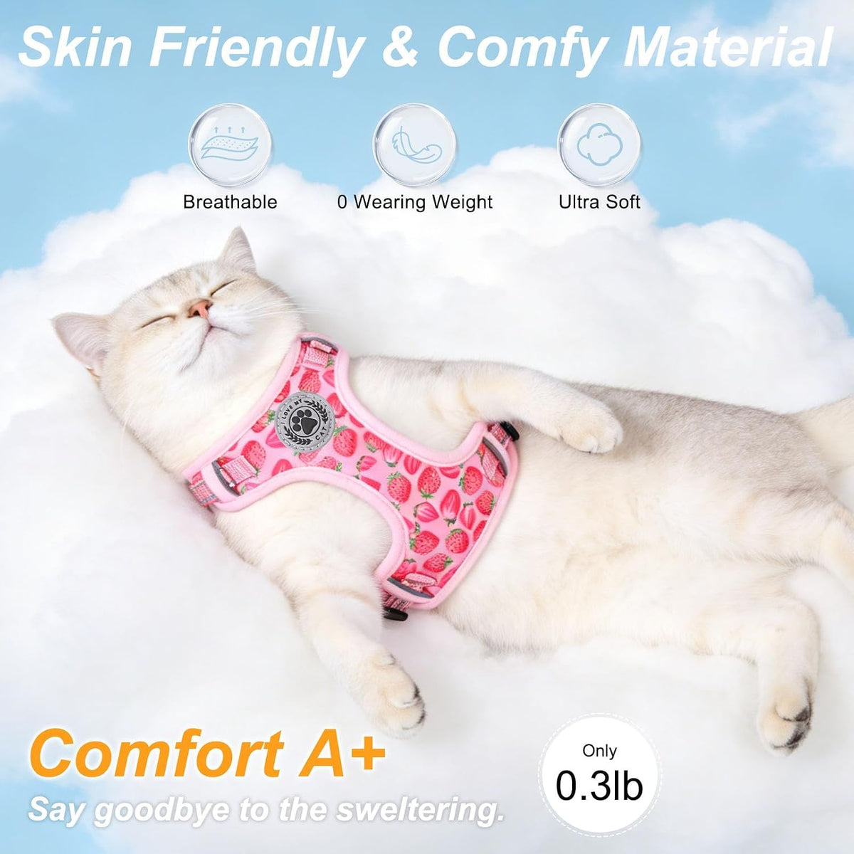 Cat Harness and Leash Set, Escape Proof and Adjustable - Strawberries Pink / M (Chest: 12 - 19") - image 2