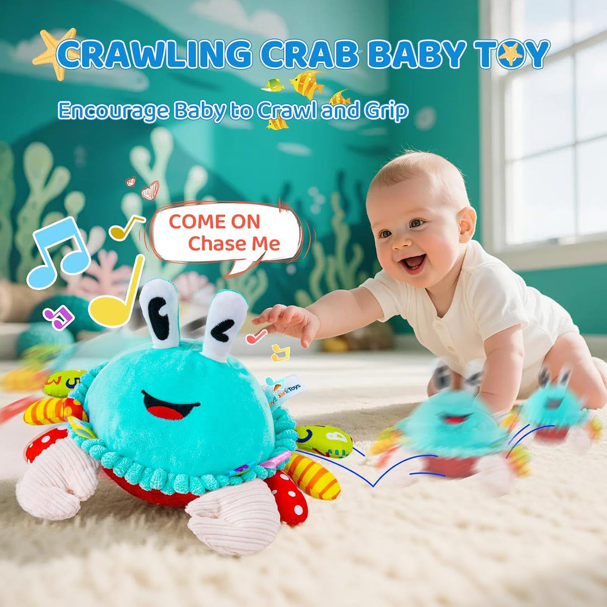 Musical Crawling Crab Baby Toy - Cyan - image 2