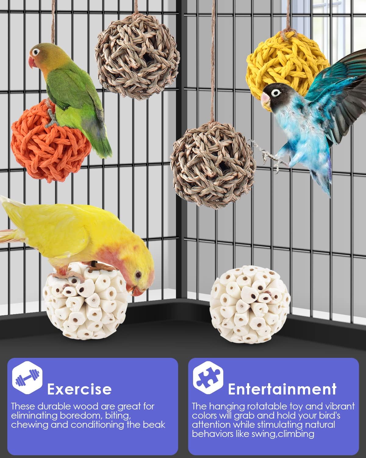 Bissap Bird Chew Toys, Parrot Foraging Shredder Natural Palm Frond Hanging Cage Toy for Conure - Balls - image 3
