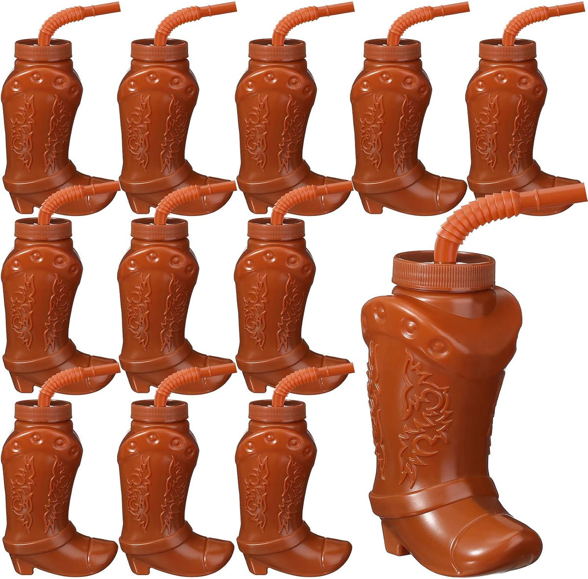 Hoolerry 12 Pcs Cowboy Boot Cups with Lids and Straws - Brown / 12
