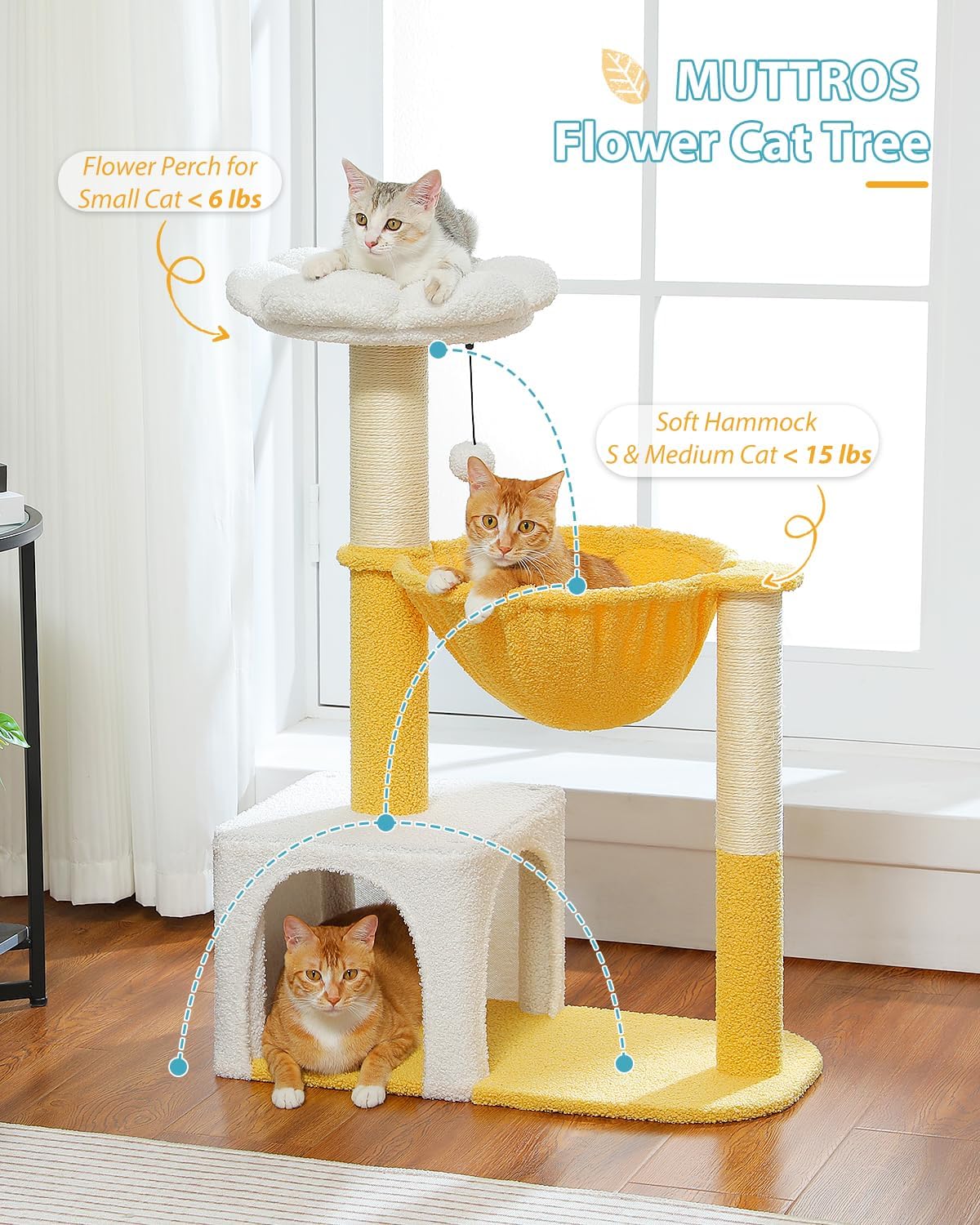 Flower Cat Tree with Large Metal Frame Hammock - 35" Upgraded Flower Cat Tree / Cloud White - image 2