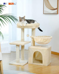 PEQULTI Small Cat Tree, [28.5''] Cat Tower for Indoor Cats, 2 Styles Activity Tree with Cat Scratching Posts, Big Hammock and Removable Top Perch Beige