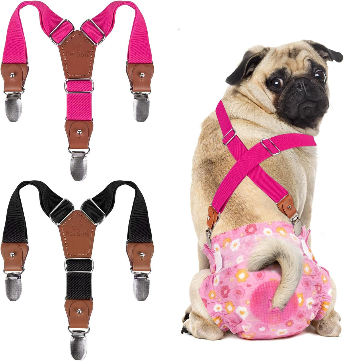 Pet Soft Dog Suspenders 2 Pieces Female Dog Diaper Suspenders - Black & Pink / X-Small/Small