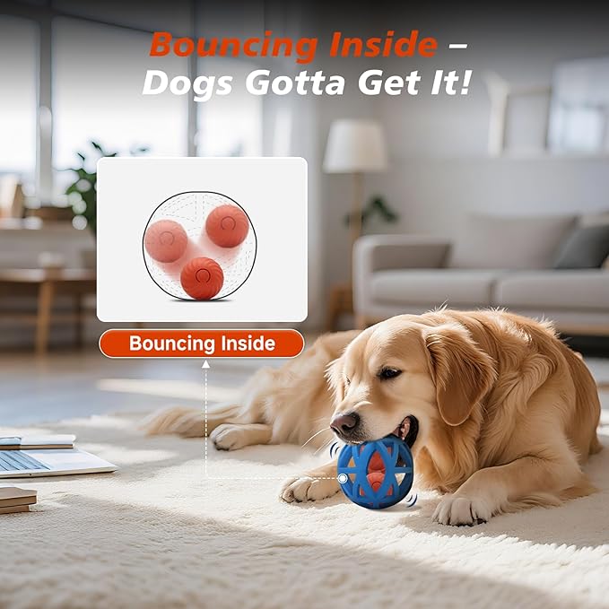Interactive Dog Toy, Smart Jumping Bouncing Ball Inside Durable Rubber Shell, Automatic Moving Vibrating Ball for Medium/Large Dogs, Dog Enrichment Toy to Keep Them Busy (Blue & Orange)