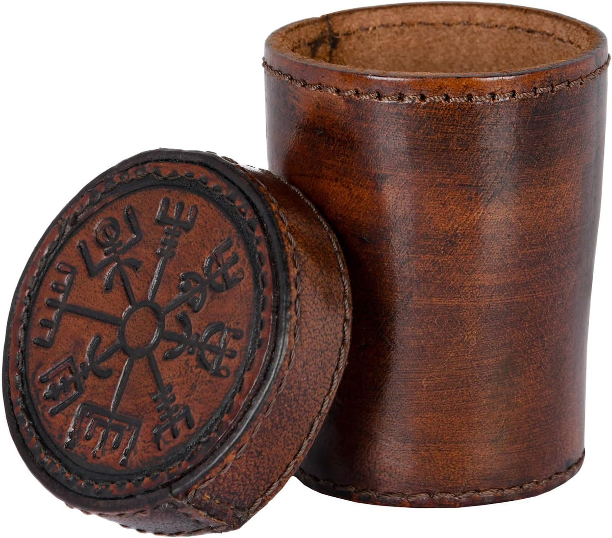 Ulfberth, Viking dice Cup with Embossed Motif, Genuine Leather - Vegvisir Brown