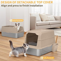 Stainless Steel Litter Box with Lid, XL Extra Large Cat Litter Box, Enclosed Metal Litter Pan with High Sided Enclosure & Scoop, Anti Leakage, Easy to Clean, Odor Control(Khaki)