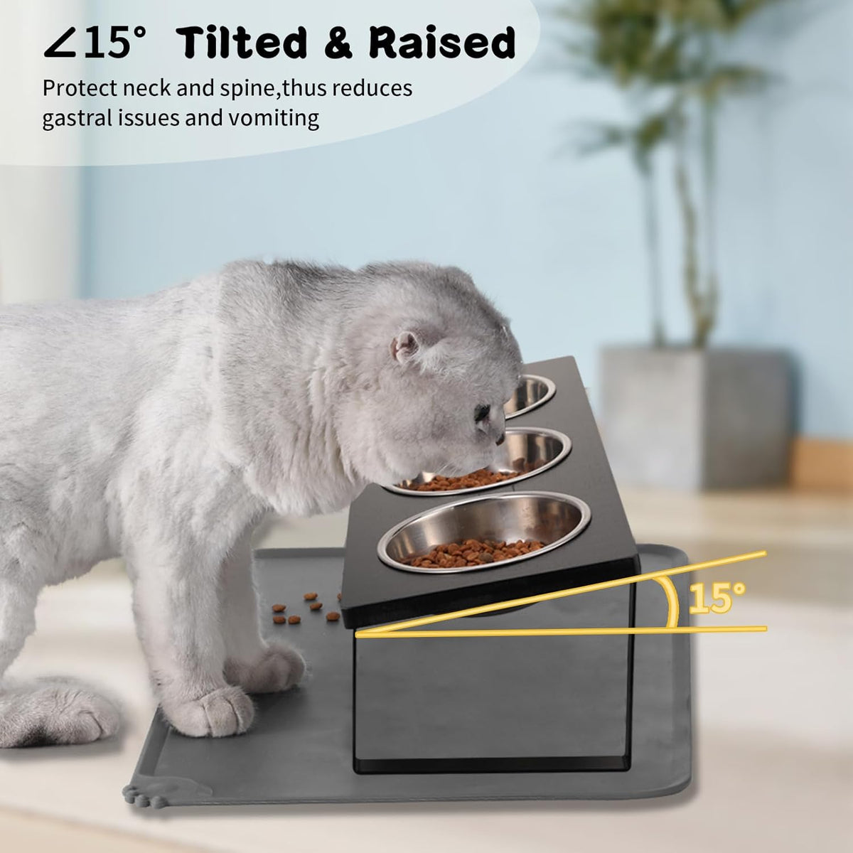 Upgraded Elevated Cat Bowls with Food Mat - Black-3Bowls - image 4