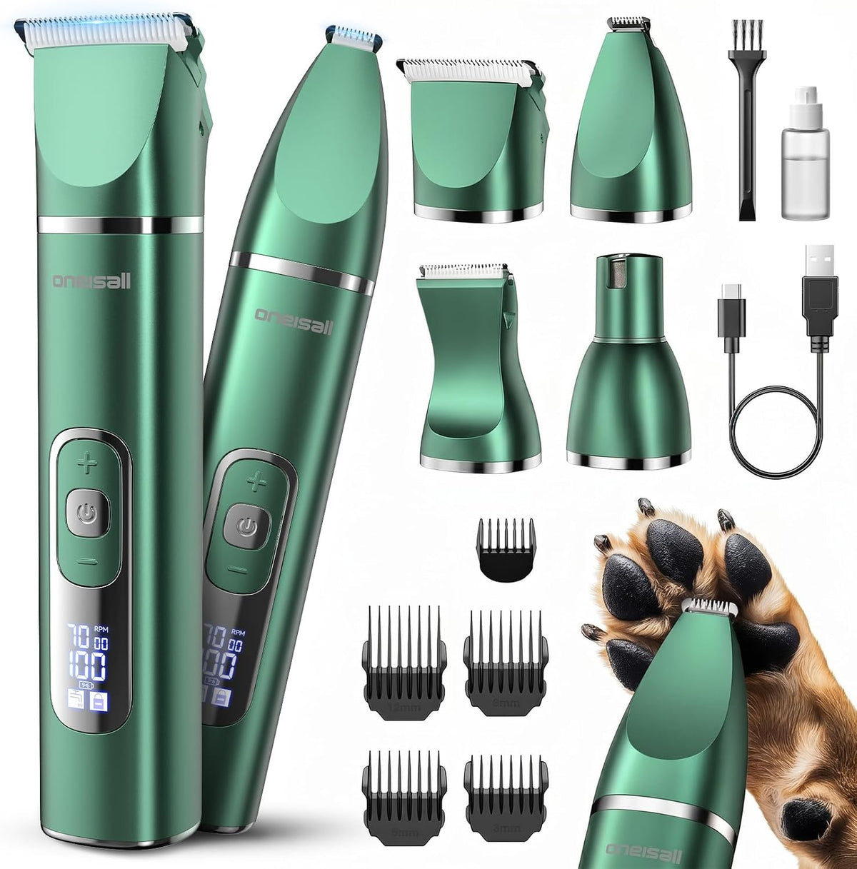 oneisall 4 in 1 Dog Grooming Kit with LCD Display – Essentials for Dogs - Green