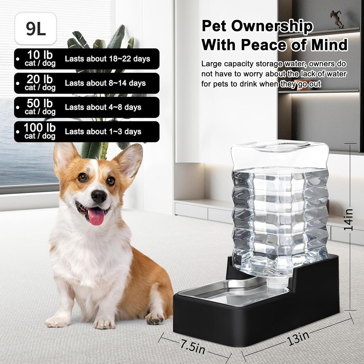 2.4Gallon Dog Water Bowl Dispenser for Dogs:Leak Resistant Waterer – Essentials for Dogs - Black without Filter / 9L - image 2