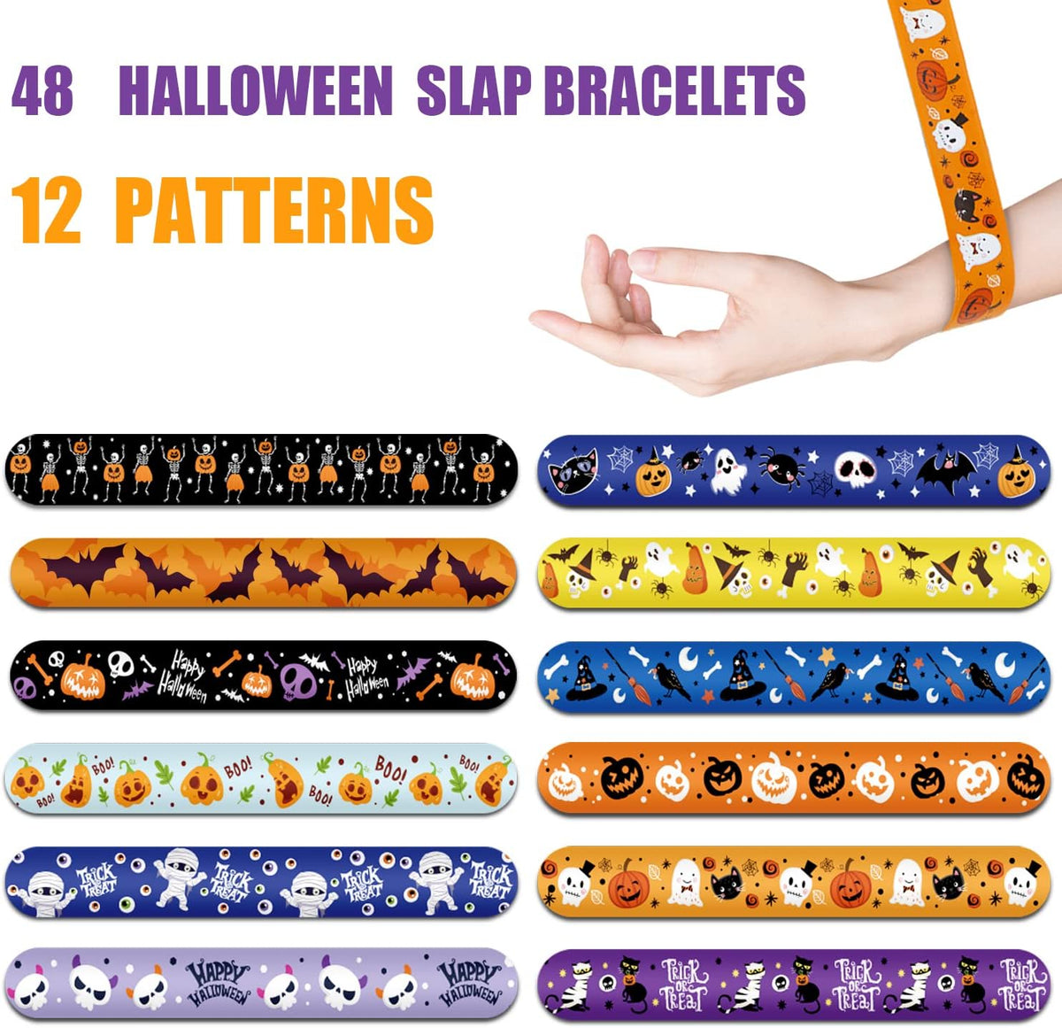 CCINEE Halloween slap bracelets, 48 pack with pumpkin, bat, skull and ghost designs - view 3