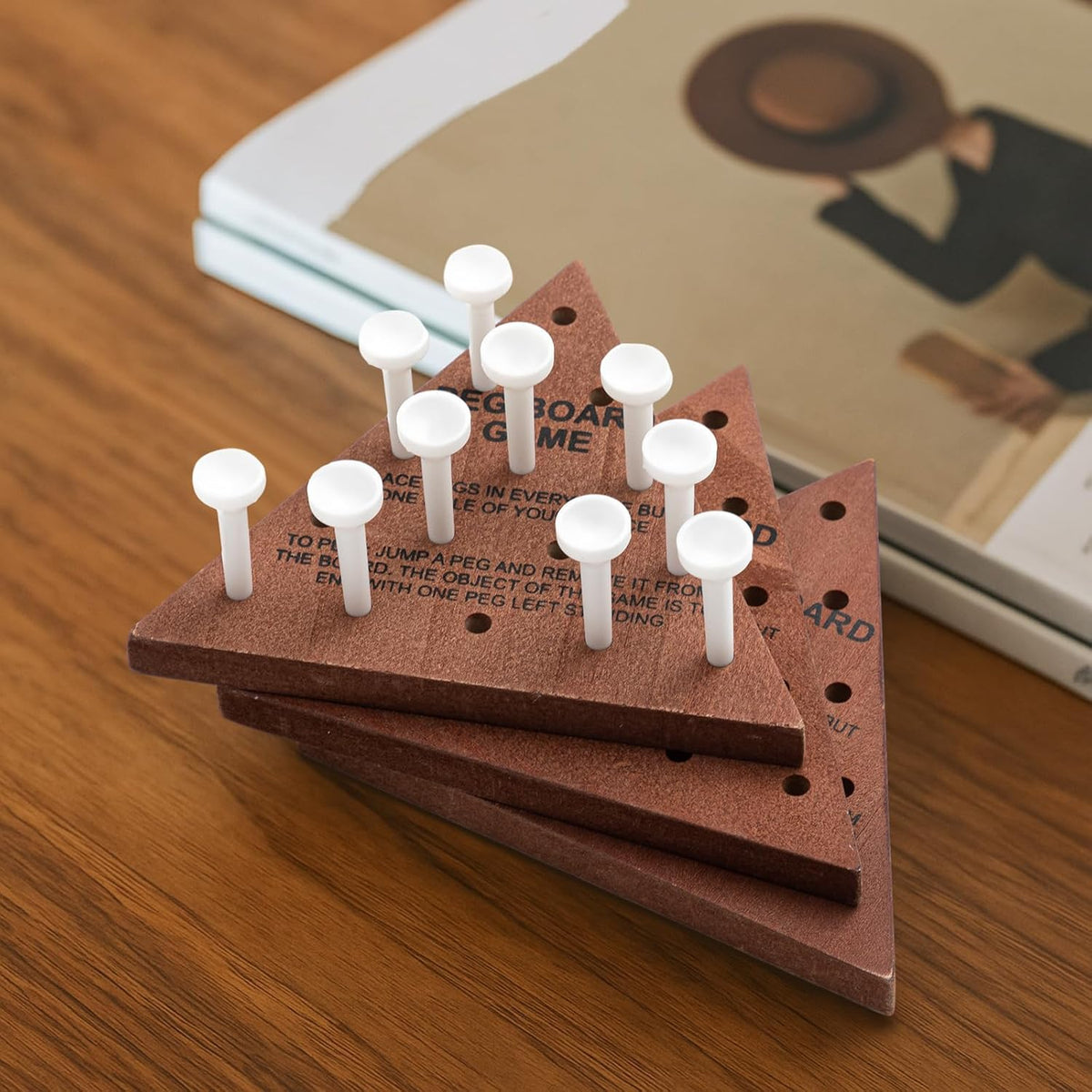 Zhanmai 3 Sets Wooden Triangle Peg Travel Game - White Peg Dark Brown Board / 10 - image 2