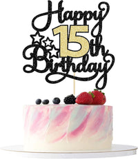 1Pc Happy 80th Birthday Cake Topper Black Gold Glitter Cheers to 80 - 15th