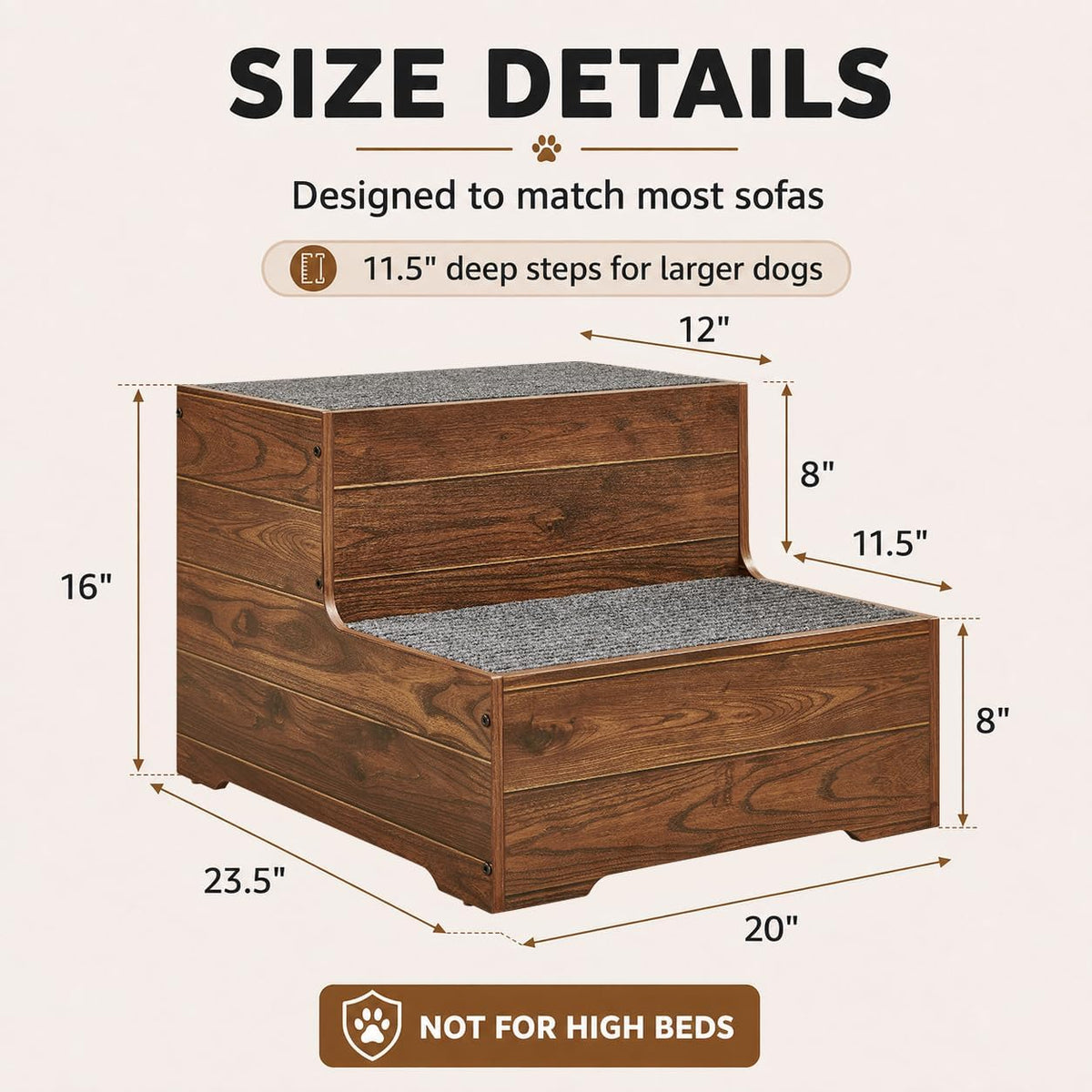 beeNbkks Wooden Dog Stairs and Sturdy Pet Steps for High Beds - Extra Wide, 2-Tier - image 3