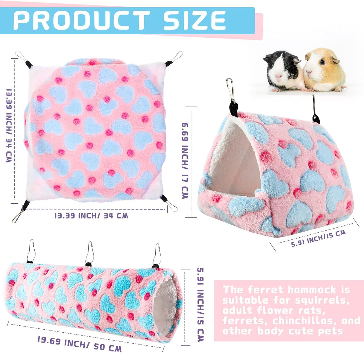 Abbylike 9 Pieces Rat Hammock 3 Tier Guinea Pig Ferret Hammocks Small - Green, Purple, Pink / Hearts - image 2