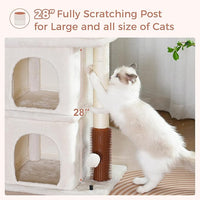 Cat Tree with Large Top Bed 17.7x15.7” Small Cat Tower with Dual Condos,28” Fully Scratching Post and Self Groomer for Indoor Cats-Beige