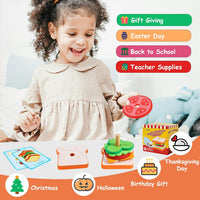 Pajojoqa wooden sandwich stacking toy with egg, cheese, bacon, lettuce, tomato and bun pieces - view 11
