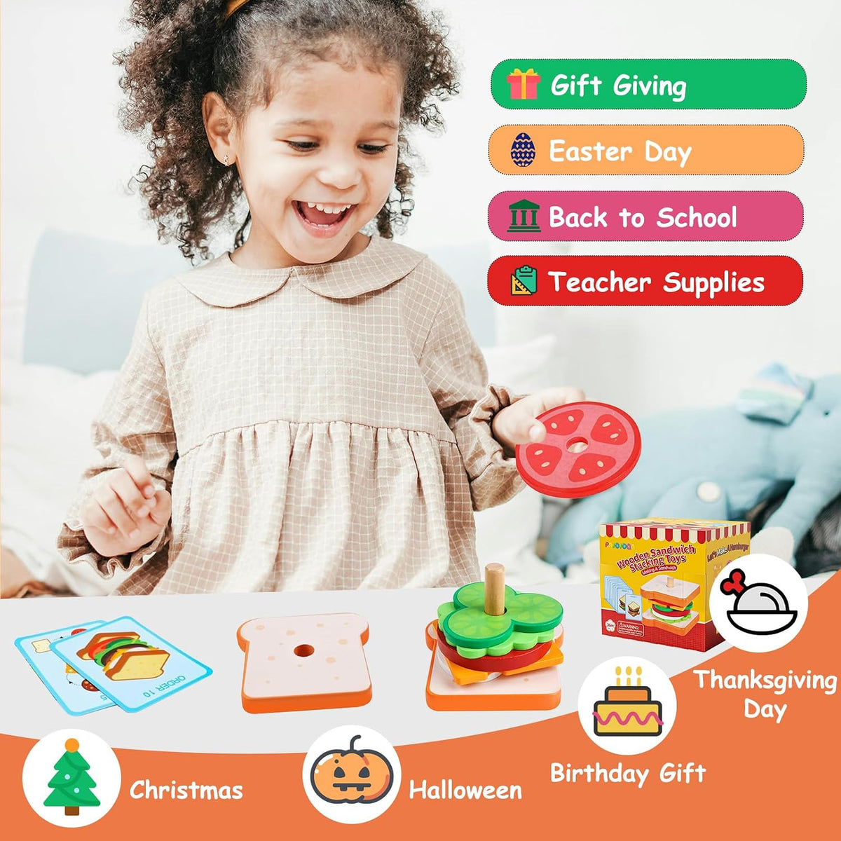 Pajojoqa wooden sandwich stacking toy with egg, cheese, bacon, lettuce, tomato and bun pieces - view 11