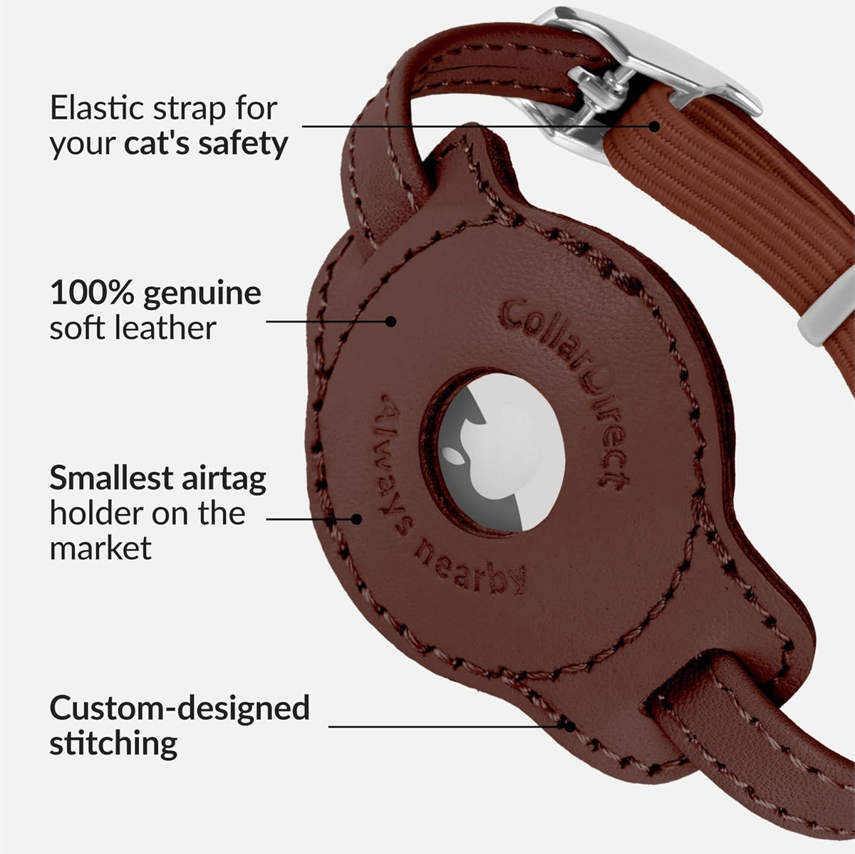 Soft Leather Cat Collar with Safety Elastic Strap - 6-7 Inch (AirTag Holder) / Brown - image 3
