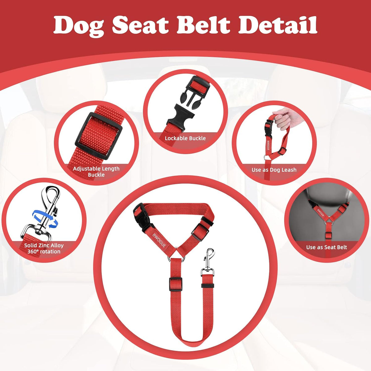 Dog Seat Belt for Car, Headrest Restraint Safety Lead, Dogs Cats – Essentials for Dogs - Red / Not elastic - image 3