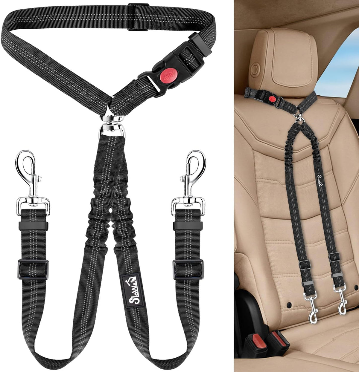 Lukovee Double Dog Car Seat Belt, No Tangle Headrest Restraint – Essentials for Dogs - Black / 1 Pack