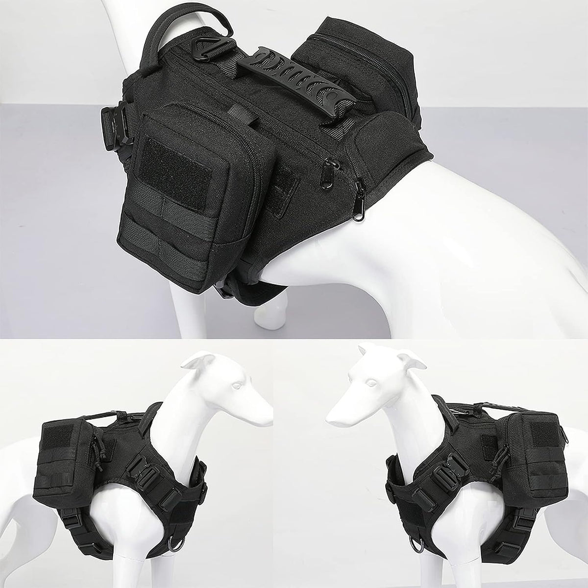 Tactical Dog Backpack Harness for Large Breed Original Design Metal - L / Black (with 2 pouches) - image 4