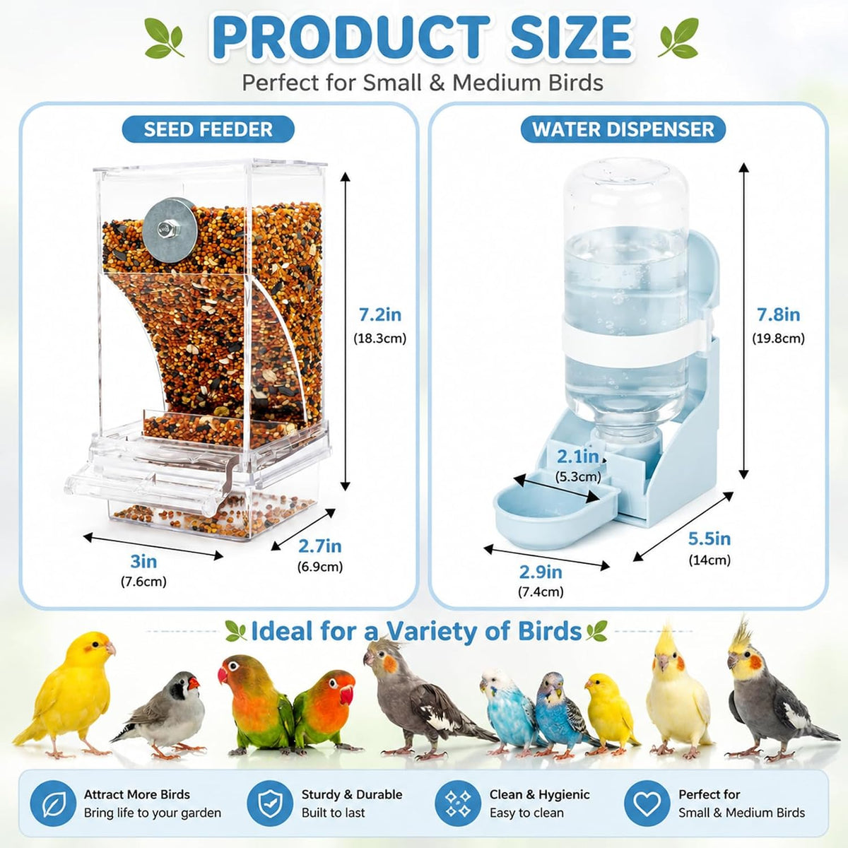 No-Mess Automatic Bird Feeder, Parakeet Cage Accessories – Essentials for Birds - White Feeder + Blue Drinking Bottle - image 2