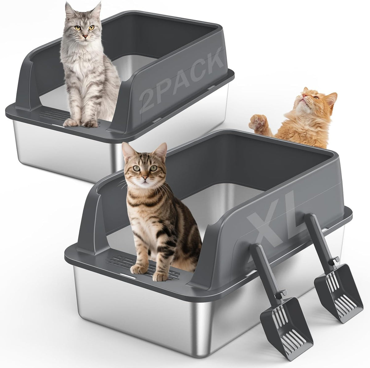2PACK Stainless Steel Litter Box - Dark Grey / XL