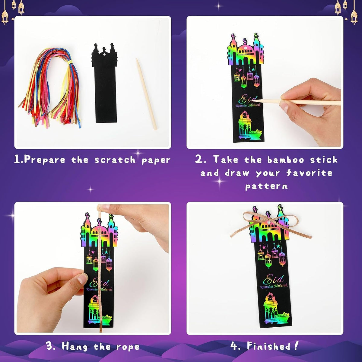 JUNEBRUSHS rainbow scratch art bookmarks with bamboo scratch sticks and colored satin ropes - view 23