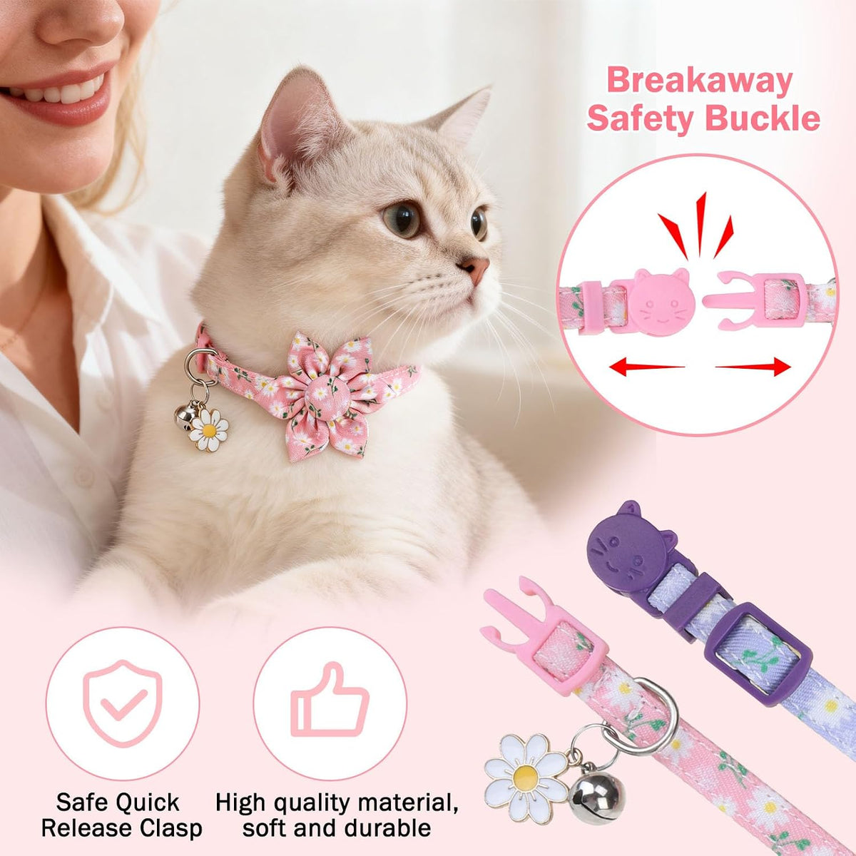 Cat Collar Breakaway, Soft Kitten Collar with Bell, Daisy - Floral (Pack of 2) - image 3