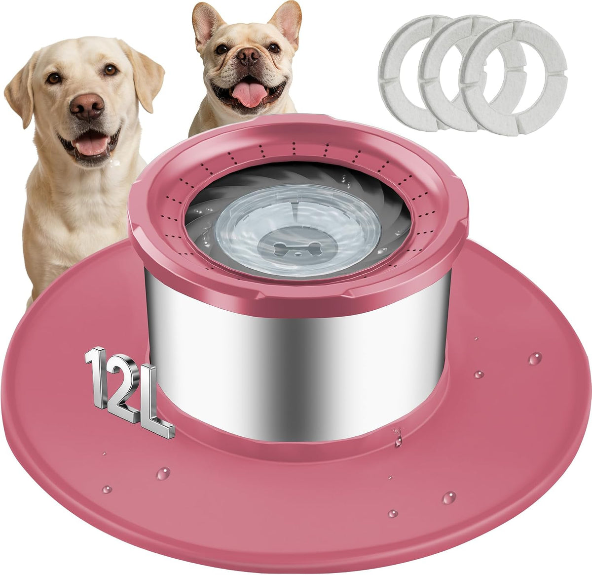 12L No Spill Stainless Steel Dog Water Bowl for Large Dogs – Essentials for Dogs - Pink