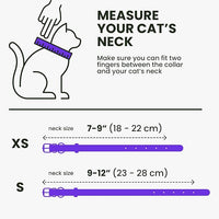 BRONZEDOG Leather Cat Collar with Removable Bells Non Breakaway Kitten QR Tag for Girl Boy (9" - 12" Cats/Mini Dogs, Purple & Gold)
